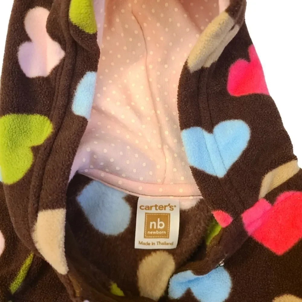 Carter's Jacket Hoodie Top Soft Brown Fleece Hearts Button‎ Front Sz Newborn